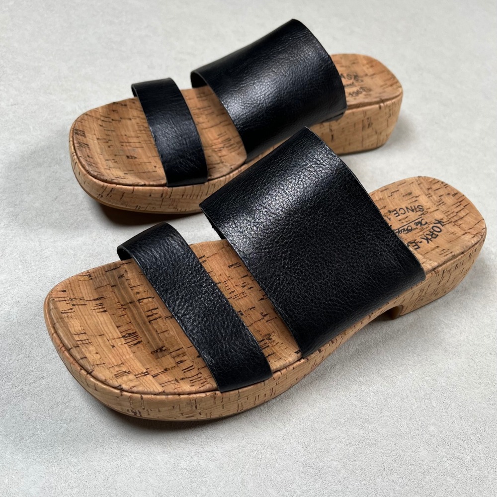 Kork-Ease Alia Slide Sandals Women 9 Black Leather Two-Strap Cork Platform Wedge - Picture 3 of 8